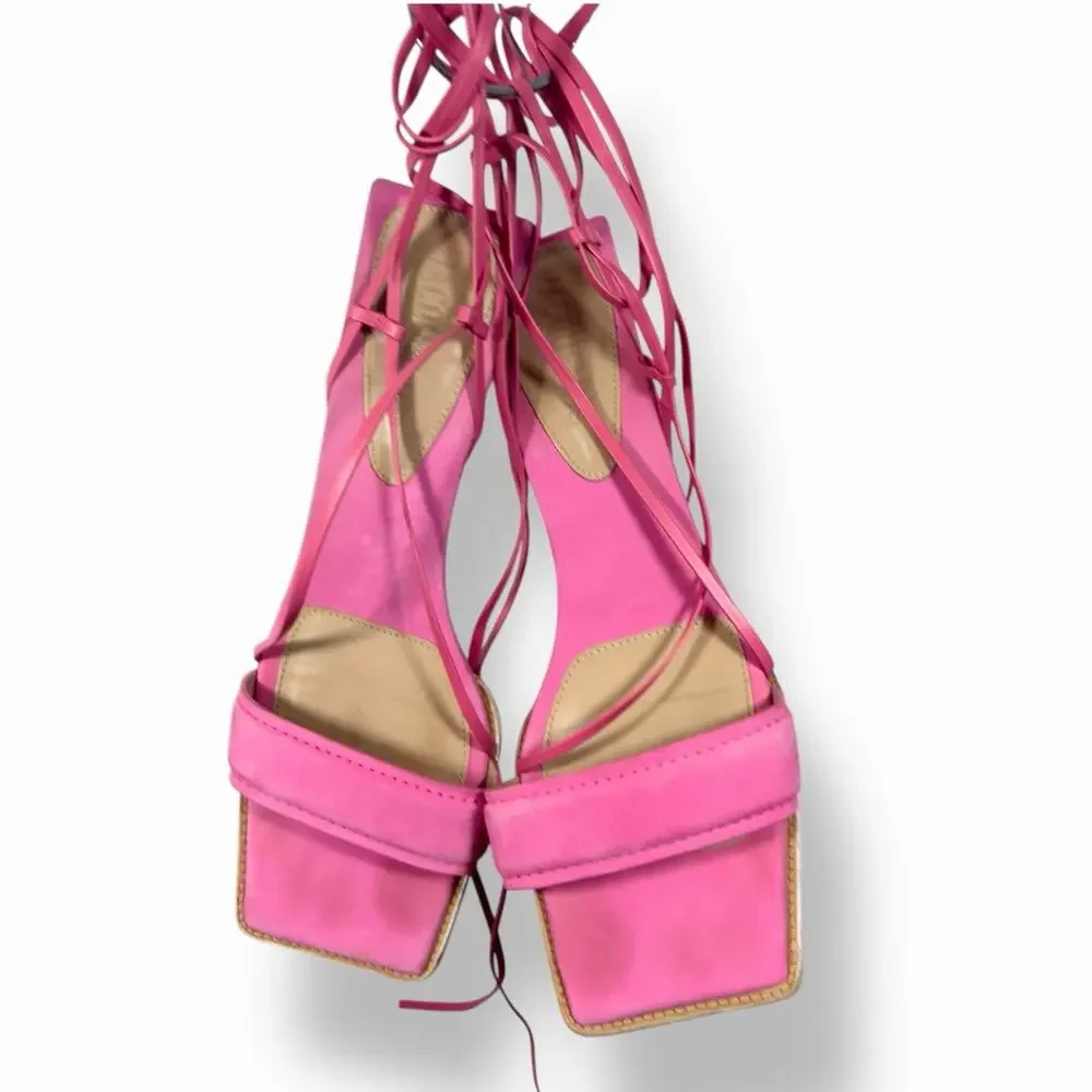 Jacquemus Pink Suede Ankle Tie Block Heel Sandals Size 8 UK 39 - Picture 2 of 15